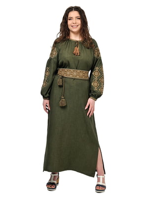 Льняна сукня-вишиванка кольору хакі “Соломія” | 6812949