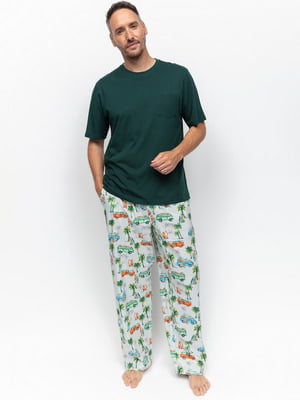 Піжама зелена з принтом: футбболка та штани | 6813411