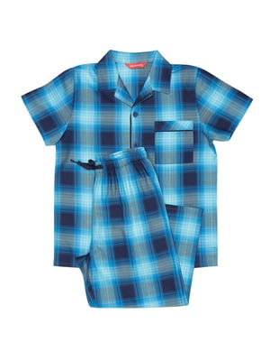 Піжама яскраво-синя у клітинку: рубашка та штани | 6813412