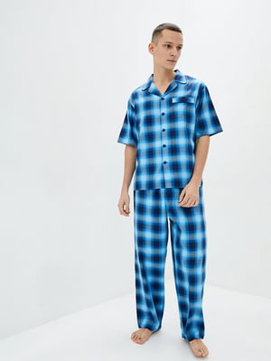 Піжама яскраво-синя у клітинку: рубашка та штани | 6813414