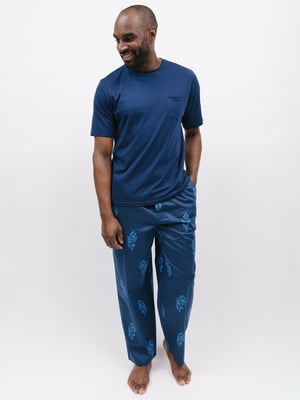 Піжама синя: однотонна футболка та штани в принт | 6813422