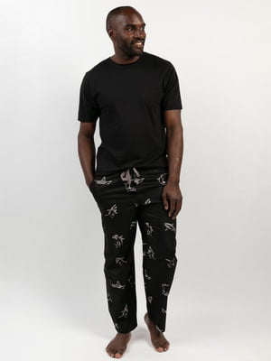 Піжама чорна: однотонна футболка та штани з принтом акули | 6813447