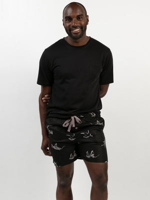 Піжама чорна: однотонна футболка та шорти з принтом акули | 6813448