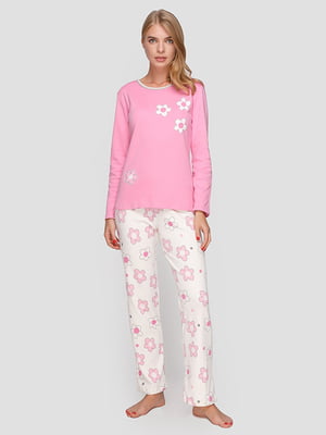 Піжама рожева з принтом: лонгслів та штани | 6815400