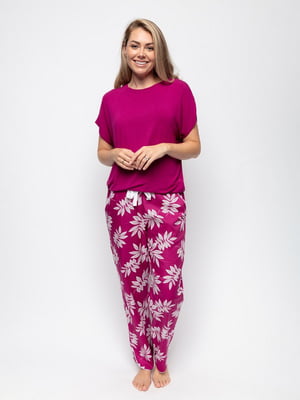Піжама рожева з принтом листя: футболка та штани | 6815481