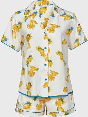 Піжама молочного кольору із лимонним принтом: сорочка та шорти | 6815594