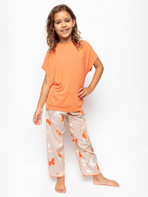 Піжама помаранчева з принтом метелика: футболка та штани | 6815615