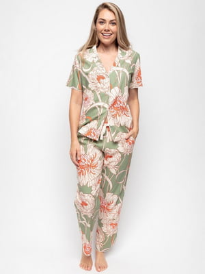 Піжама зелена з квітковим принтом: сорочка та штани | 6815616