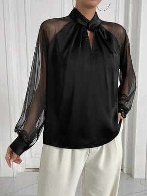 Чорна шовкова блуза з прозорими рукавами | 6816288