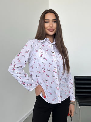 Біла блуза з квітковим принтом на гудзиках | 6816291