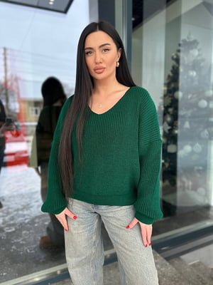 Зелений вовняний пуловер з ефектним вирізом | 6816513