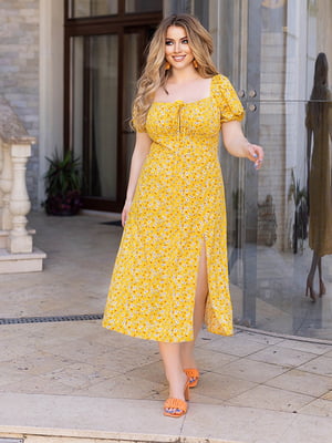 Жовта літня сукня А-силуету з розрізом та принтом | 6816540
