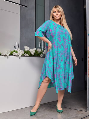 Сукня А-силуету бірюзового кольору з контрастним принтом та кишенями | 6816555