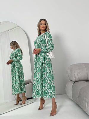Шовкова зелена сукня А-силуету з принтом і резинкою на талії | 6816582
