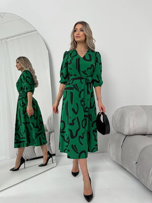 Шовкова зелена сукня А-силуету з принтом і поясом | 6816583