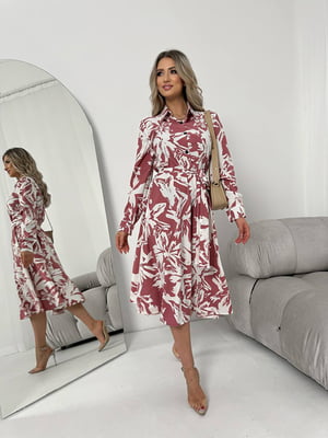 Шовкова сукня А-силуету пудрового кольору з принтом і поясом | 6816589