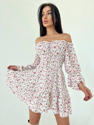 Біла міні-сукня А-силуету з принтом і оборкою | 6816614