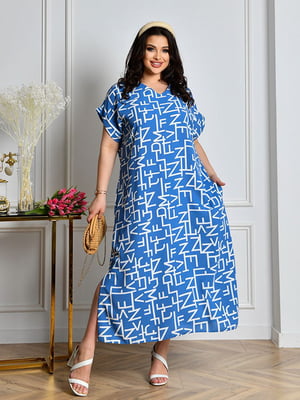 Сукня А-силуету синя з розрізом та контрастним принтом | 6816717