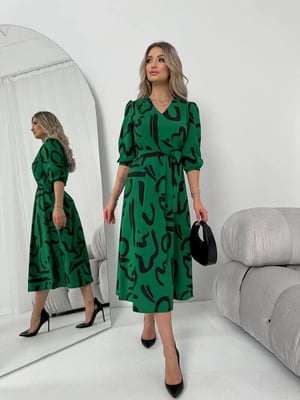 Зелена сукня-міді А-силуету в абстрактний принт  | 6816896