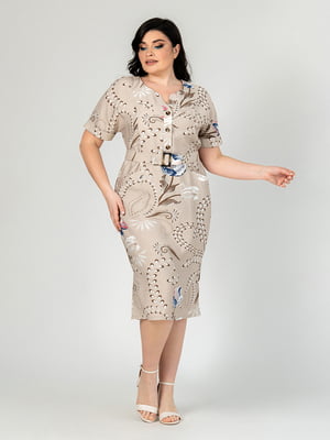 Приталена сукня кольору капучіно із льону бохо з принтом | 6817045