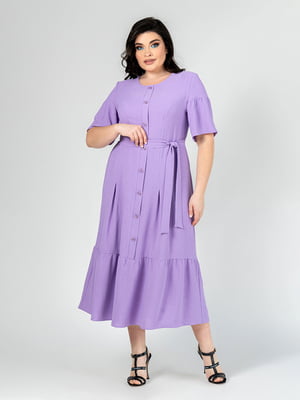 Вільна бузкова сукня-міді з поясом | 6817048