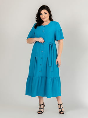 Вільна бірюзова сукня-міді з поясом | 6817049