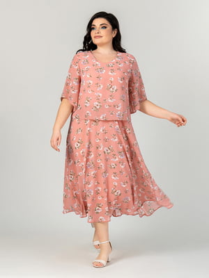 Персиковое шифоновое платье в цветочный принт | 6817058