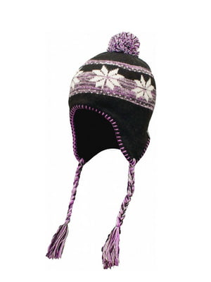 Черно-фиолетовая шапка с орнаментом и завязками | 6817489