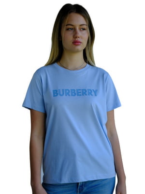 Хлопковая голубая футболка с фирменной надписью | 6817604