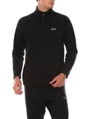 Флисовый черный свитер с воротником на молнии и лого | 6817608