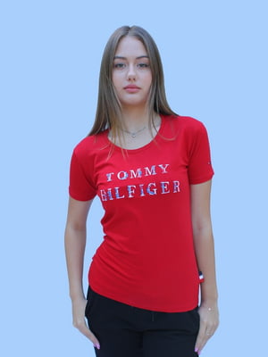 Бавовняна червона футболка з фірмовим написом | 6817630