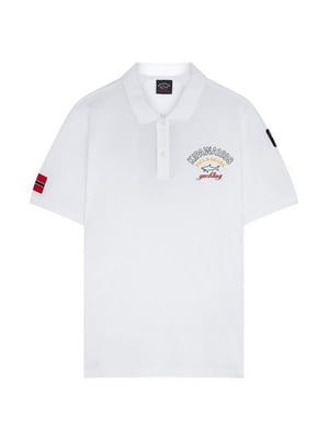 Біла футболка-поло з принтом та вишивкою логотипу | 6817756
