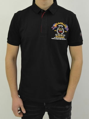 Чорна футболка-поло з принтом та вишивкою логотипу | 6817757