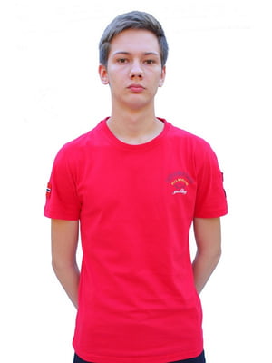 Бавовняна червона футболка з принтом та аплікаціями | 6817764