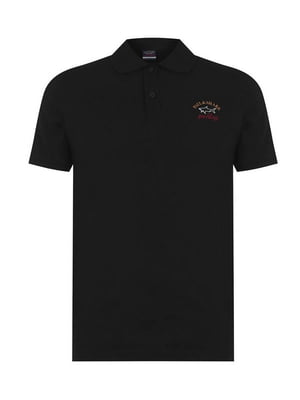 Чорна футболка-поло з принтом та вишивкою логотипу | 6817768