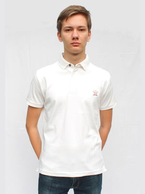 Біла футболка-поло з принтом та вишивкою логотипу | 6817771