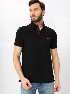 Чорна футболка-поло з принтом та вишивкою логотипу | 6817781