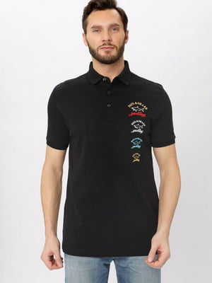 Чорна футболка-поло з принтом та вишивкою логотипу | 6817782