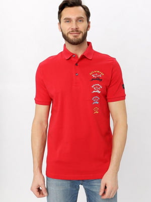 Червона футболка-поло з принтом та вишивкою логотипу | 6817783