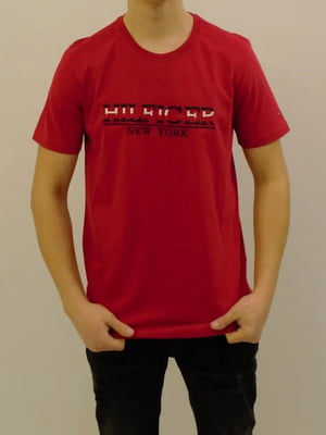 Бавовняна червона футболка з фірмовим принтом | 6817951