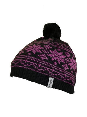 Чорно-фіолетова шапка з орнаментом та помпоном | 6818019