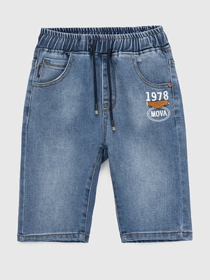 Сині джинсові шорти з потертостями та принтом | 6803379