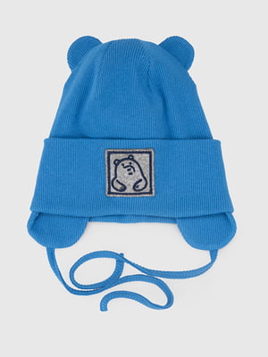 Синя шапка в рубчик на зав”язках з логотипом бренду на підвороті | 6818634