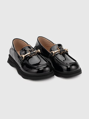 Чорні лаковані туфлі з екошкіри, декоровані металевою пряжкою з ведмедиком | 6818987