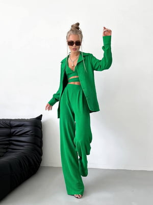 Зелений костюм-трійка: топ, сорочка та штани-палаццо | 6820558