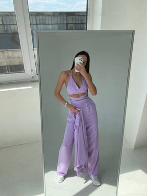 Фіолетовий костюм-трійка: топ, сорочка та штани-палаццо | 6820559