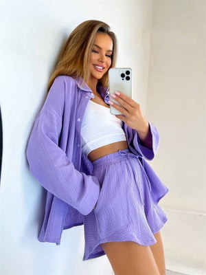 Мусліновий фіолетовий костюм: сорочка та шорти | 6820575