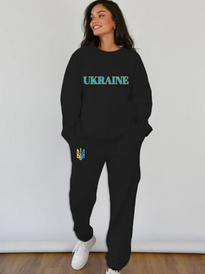 Чорний бавовняний костюм з патріотичним принтом Ukraine | 6820708