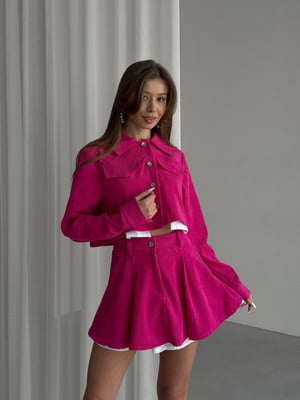 Рожевий вельветовий костюм: укорочений жакет та вільна міні-спідниця | 6821149