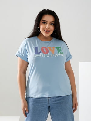 Базова блакитна футболка з принтом Love | 6821488